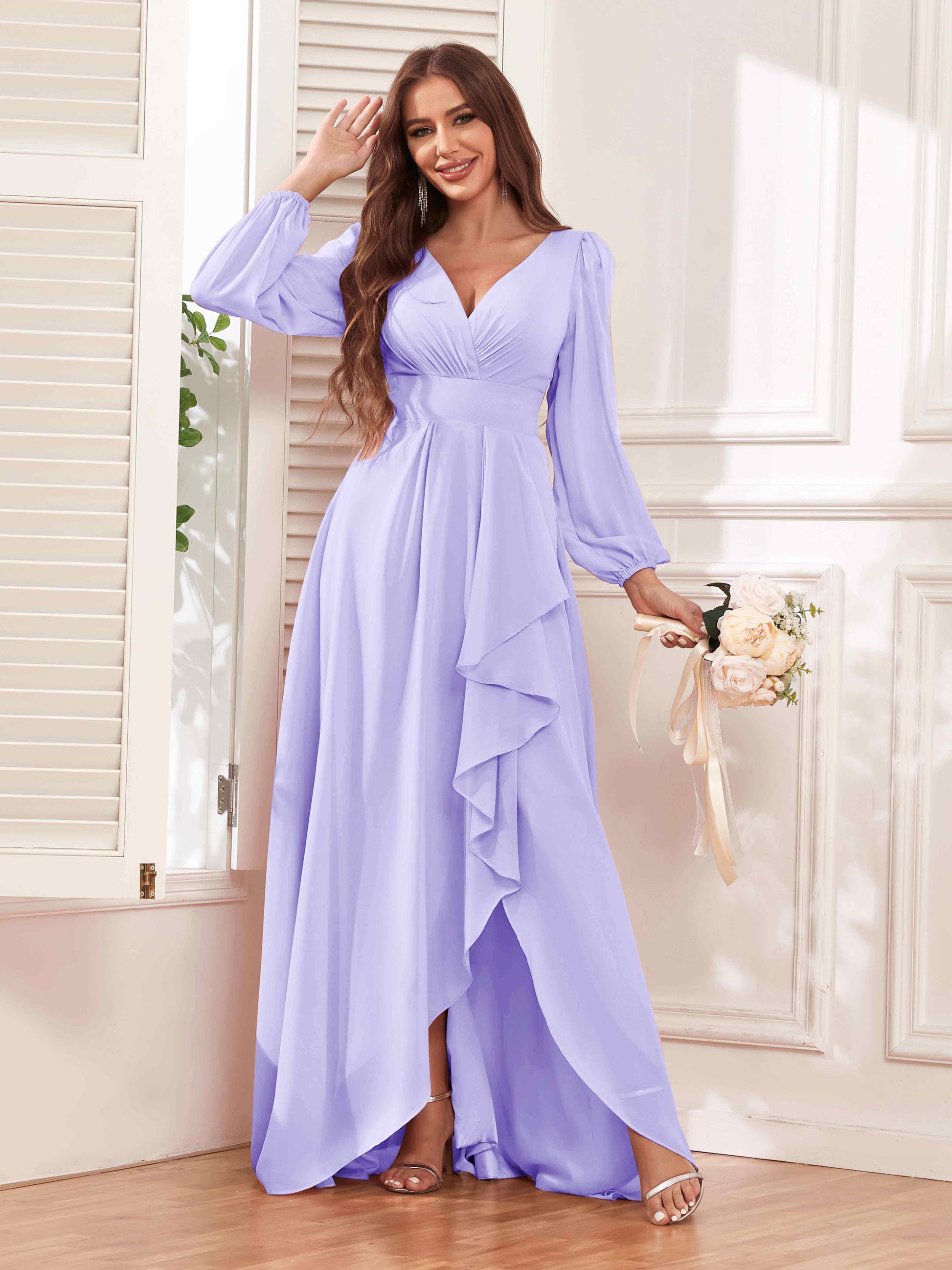 V Neck Modest Lilac Bridesmaid Dresses Simple High Low A-line V-Neck Ruffles Chiffon Lilac V Neck Modest Lilac Bridesmaid Dresses Simple High Low A-line V-Neck Ruffles Chiffon Lilac