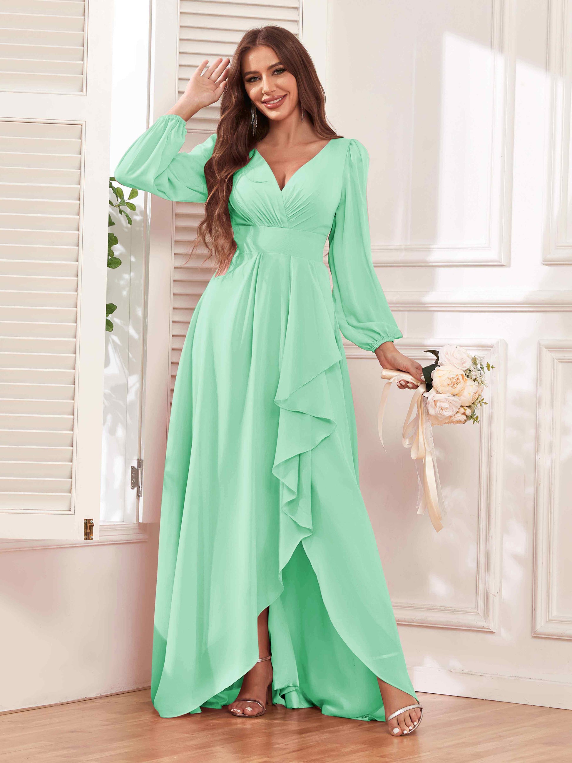 Modest V Neck Ruffles Long Sleeves Maid of Honor Bridesmaid Dresses –