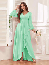 Modest V Neck Ruffles Long Sleeves Maid of Honor Bridesmaid Dresses