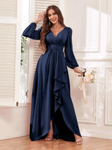 Modest V Neck Ruffles Long Sleeves Maid of Honor Bridesmaid Dresses