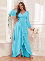 Modest V Neck Ruffles Long Sleeves Maid of Honor Bridesmaid Dresses