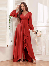 Modest V Neck Ruffles Long Sleeves Maid of Honor Bridesmaid Dresses