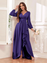 Modest V Neck Ruffles Long Sleeves Maid of Honor Bridesmaid Dresses