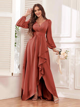 Modest V Neck Ruffles Long Sleeves Maid of Honor Bridesmaid Dresses