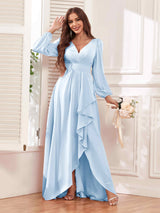 Modest V Neck Ruffles Long Sleeves Maid of Honor Bridesmaid Dresses