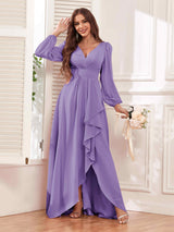 Modest V Neck Ruffles Long Sleeves Maid of Honor Bridesmaid Dresses