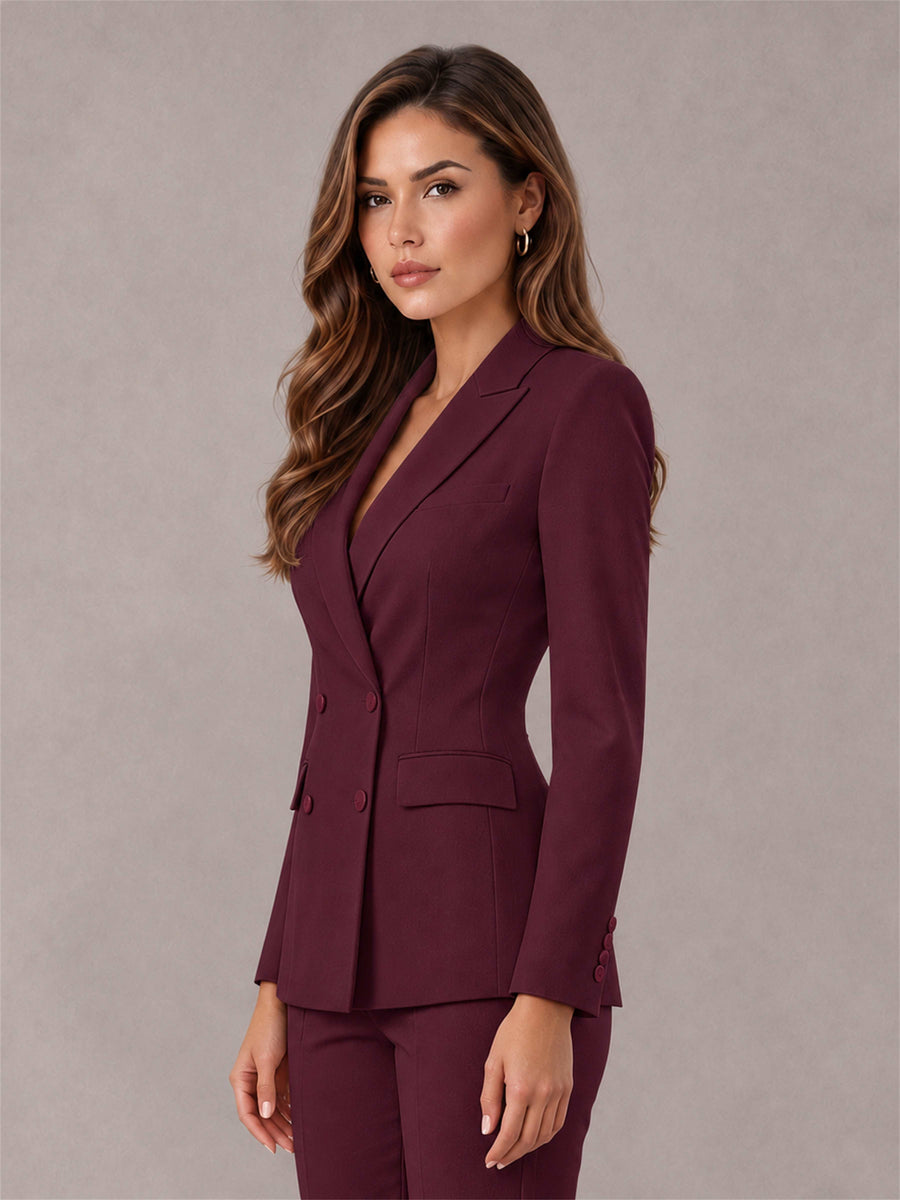 Burgundy Notch Lapel Double Breasted Women's Blazer
