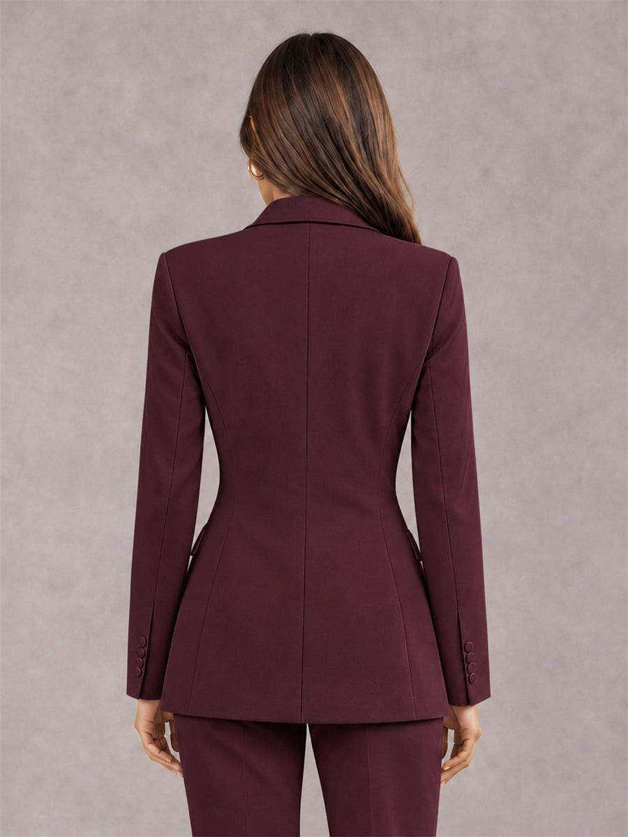 Burgundy Notch Lapel Double Breasted Women's Blazer