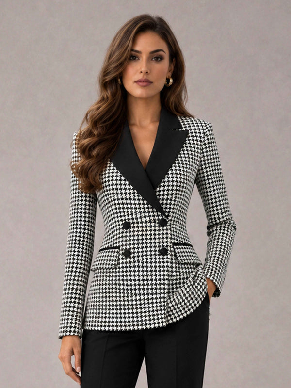 Houndstooth Notch Lapel Double Breasted Houndstooth Women's Blazer