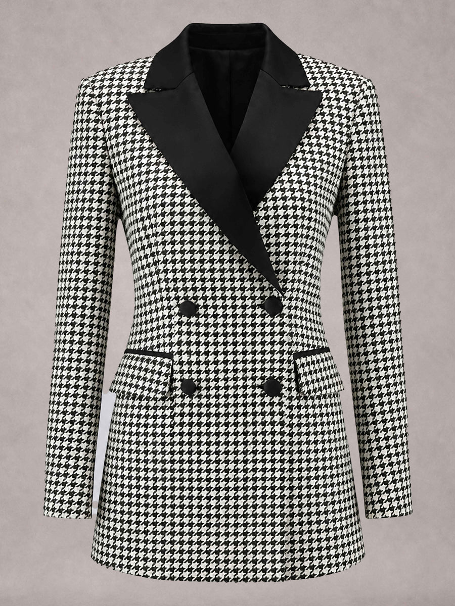 Houndstooth Notch Lapel Double Breasted Houndstooth Women's Blazer