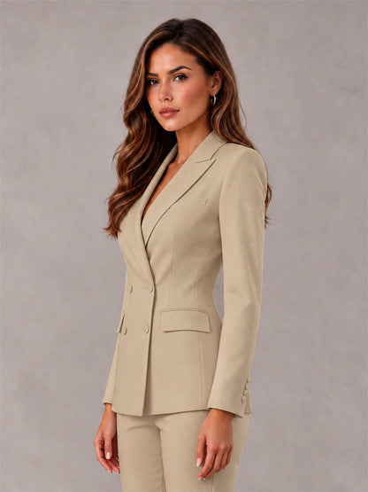 Khaki Notch Lapel Double Breasted Women's Blazer