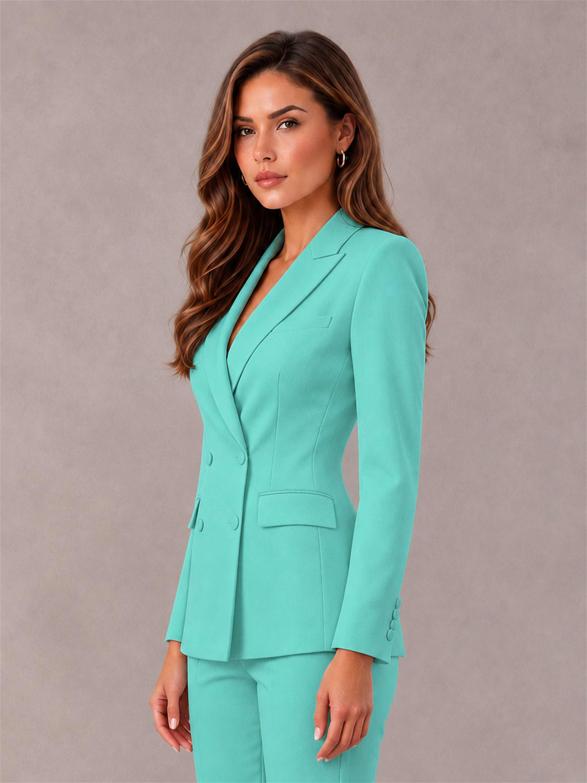 Turquoise Notch Lapel Double Breasted Women's Blazer