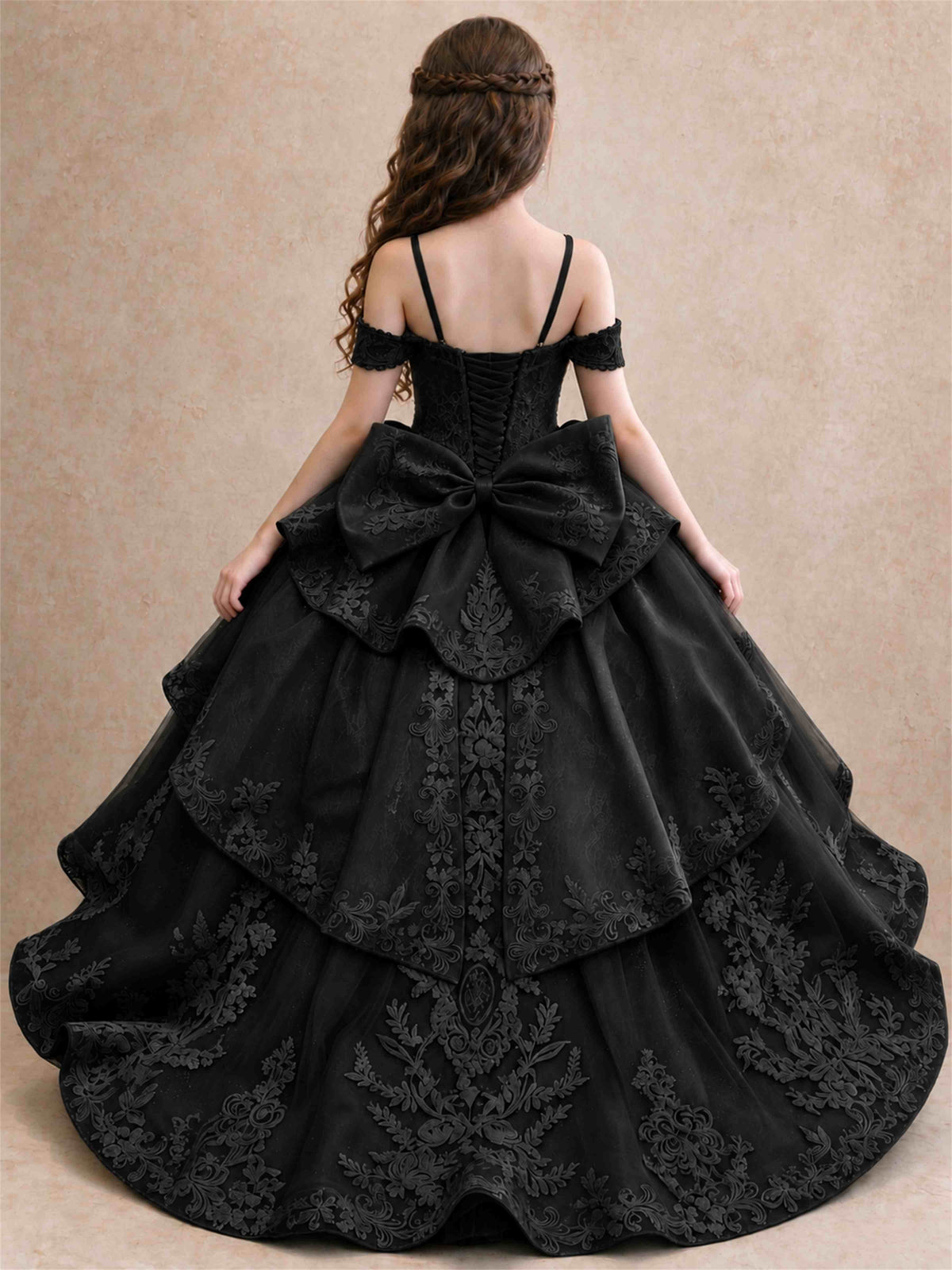 Off Shoulder Girls Pageant Dresses Lace Applique Layered Tulle Princess Ball Gown for Birthday Wedding