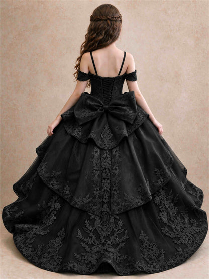 Off Shoulder Girls Pageant Dresses Lace Applique Layered Tulle Princess Ball Gown for Birthday Wedding