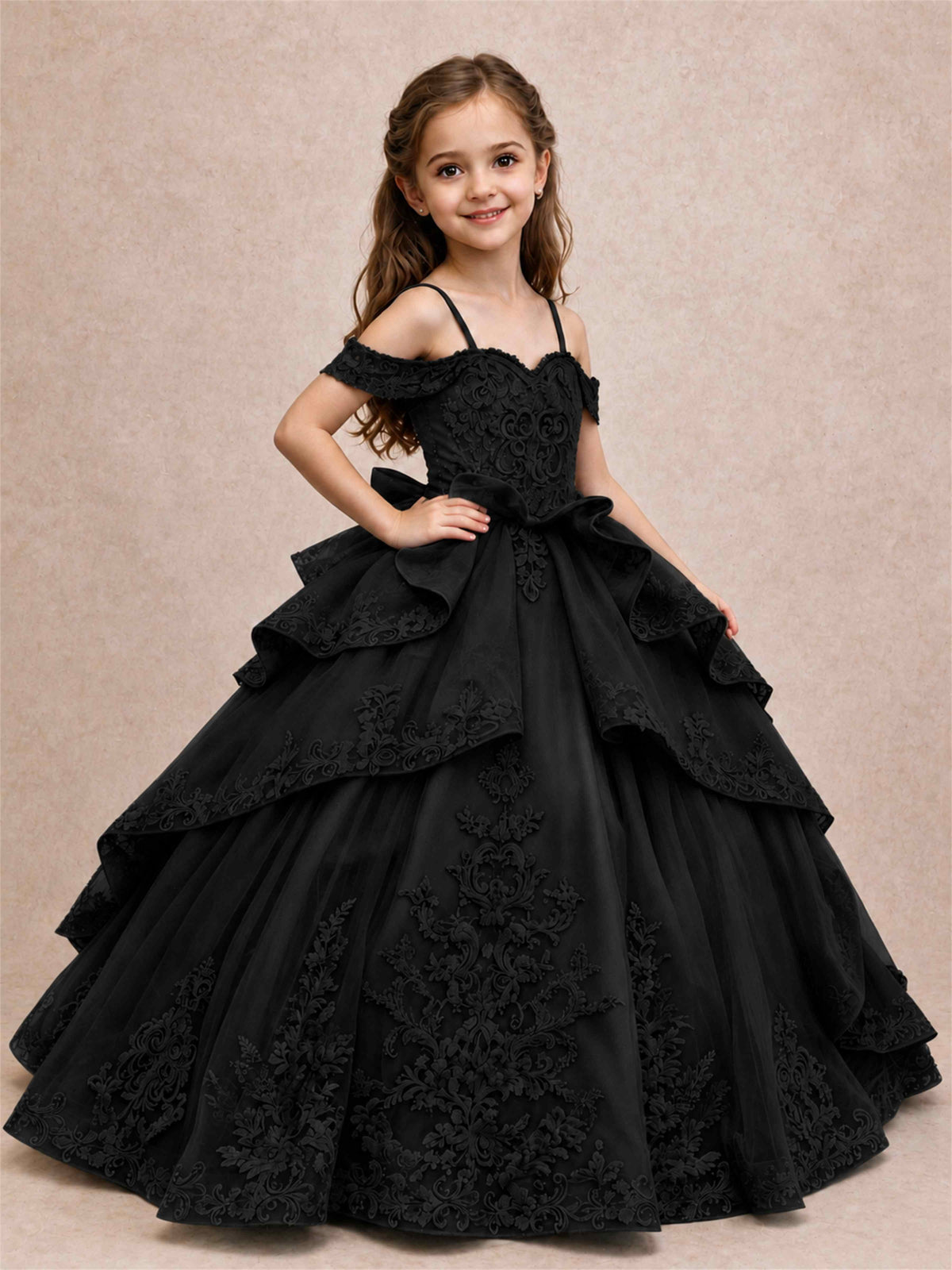 Off Shoulder Girls Pageant Dresses Lace Applique Layered Tulle Princess Ball Gown for Birthday Wedding