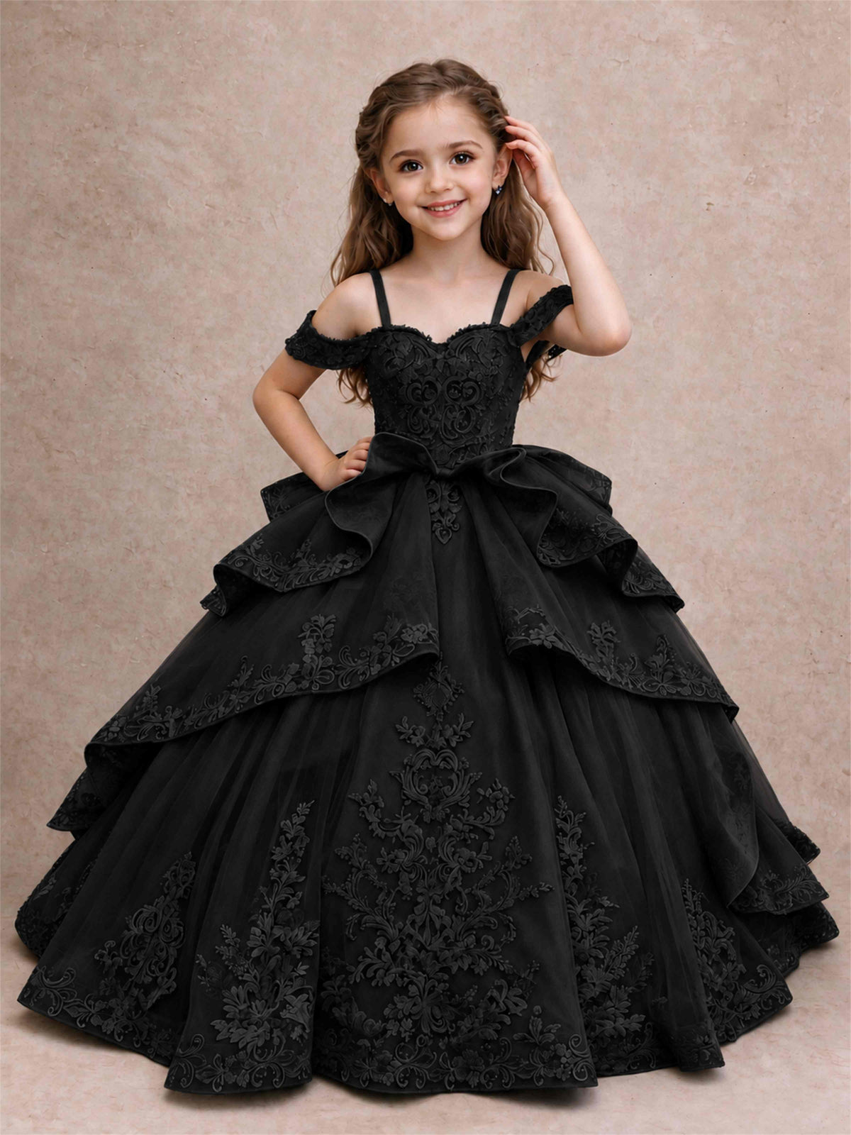 Off Shoulder Girls Pageant Dresses Lace Applique Layered Tulle Princess Ball Gown for Birthday Wedding