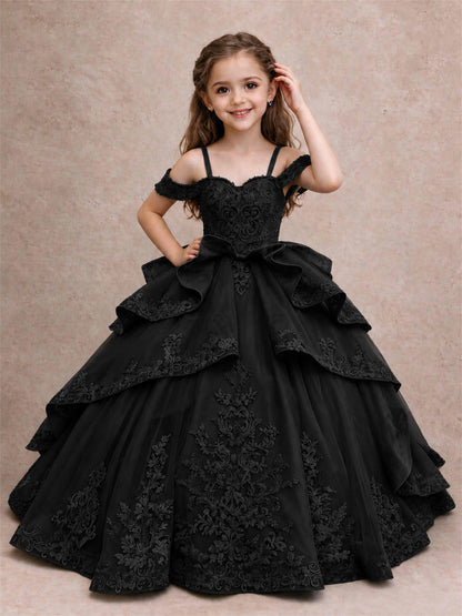 Off Shoulder Girls Pageant Dresses Lace Applique Layered Tulle Princess Ball Gown for Birthday Wedding