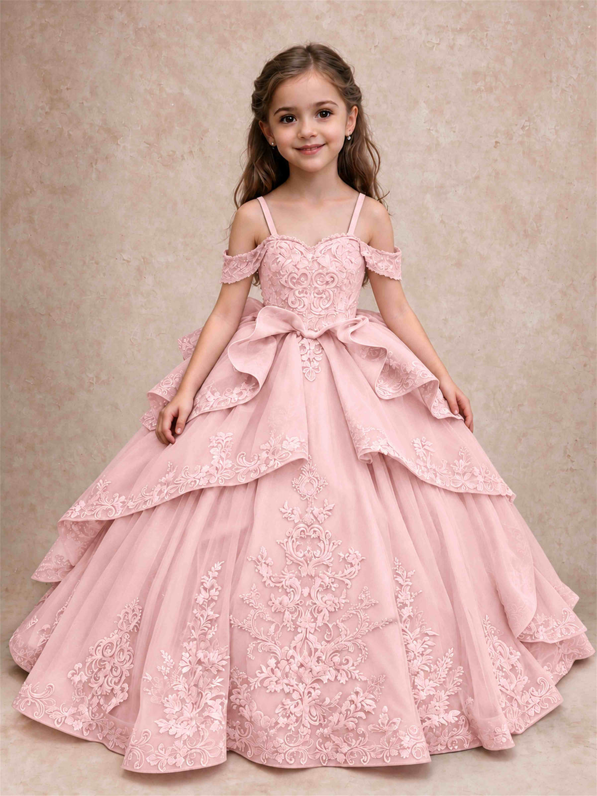 Off Shoulder Girls Pageant Dresses Lace Applique Layered Tulle Princess Ball Gown for Birthday Wedding