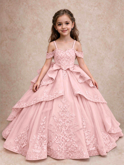 Off Shoulder Girls Pageant Dresses Lace Applique Layered Tulle Princess Ball Gown for Birthday Wedding