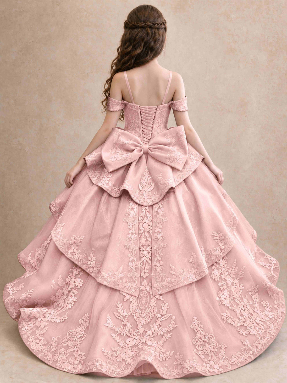Off Shoulder Girls Pageant Dresses Lace Applique Layered Tulle Princess Ball Gown for Birthday Wedding