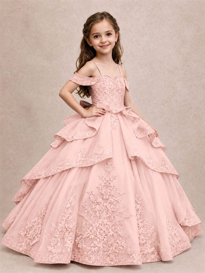 Off Shoulder Girls Pageant Dresses Lace Applique Layered Tulle Princess Ball Gown for Birthday Wedding