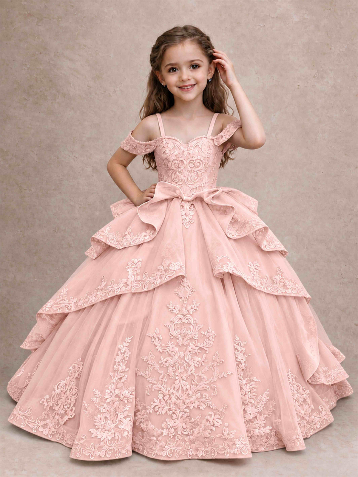 Off Shoulder Girls Pageant Dresses Lace Applique Layered Tulle Princess Ball Gown for Birthday Wedding