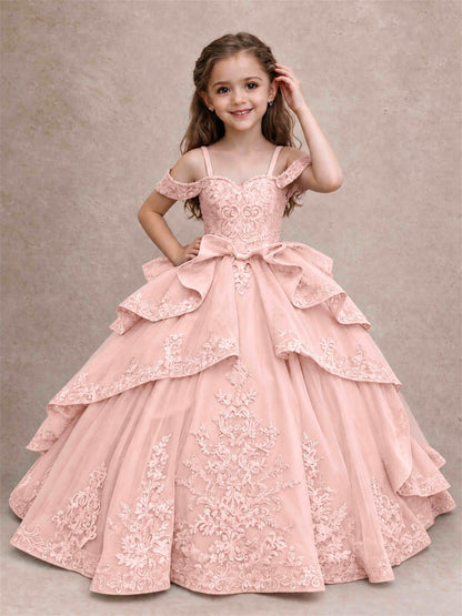 Off Shoulder Girls Pageant Dresses Lace Applique Layered Tulle Princess Ball Gown for Birthday Wedding