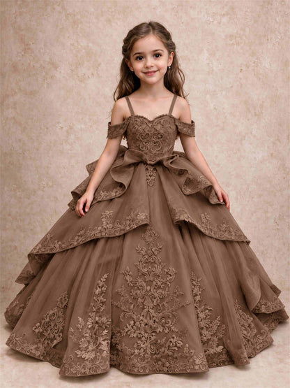 Off Shoulder Girls Pageant Dresses Lace Applique Layered Tulle Princess Ball Gown for Birthday Wedding