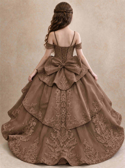 Off Shoulder Girls Pageant Dresses Lace Applique Layered Tulle Princess Ball Gown for Birthday Wedding