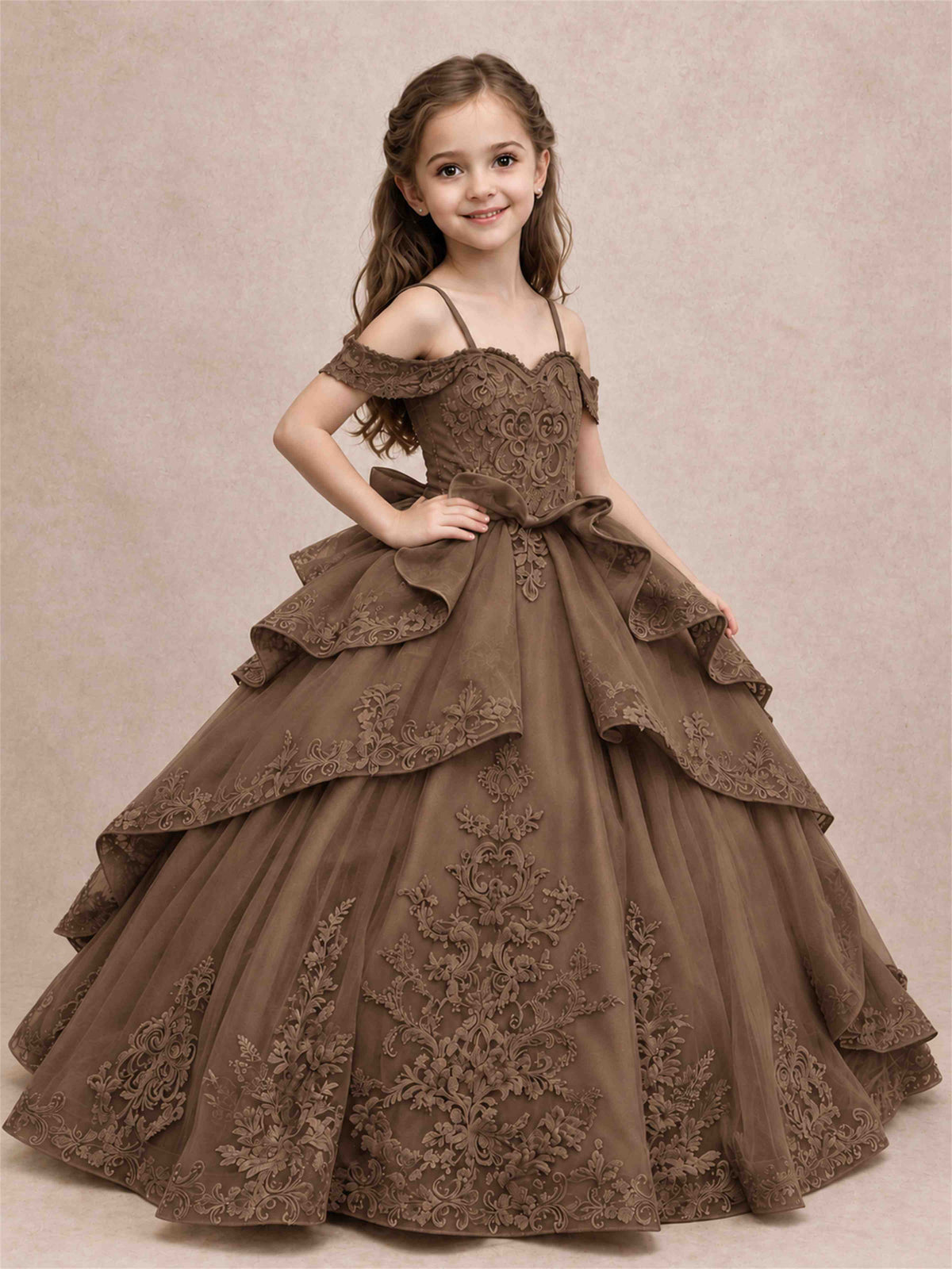 Off Shoulder Girls Pageant Dresses Lace Applique Layered Tulle Princess Ball Gown for Birthday Wedding