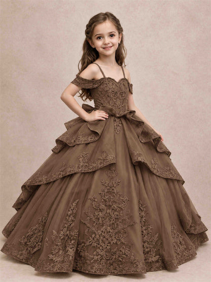 Off Shoulder Girls Pageant Dresses Lace Applique Layered Tulle Princess Ball Gown for Birthday Wedding