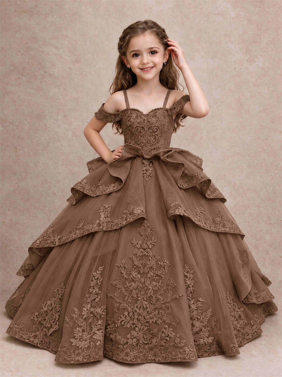 Off Shoulder Girls Pageant Dresses Lace Applique Layered Tulle Princess Ball Gown for Birthday Wedding
