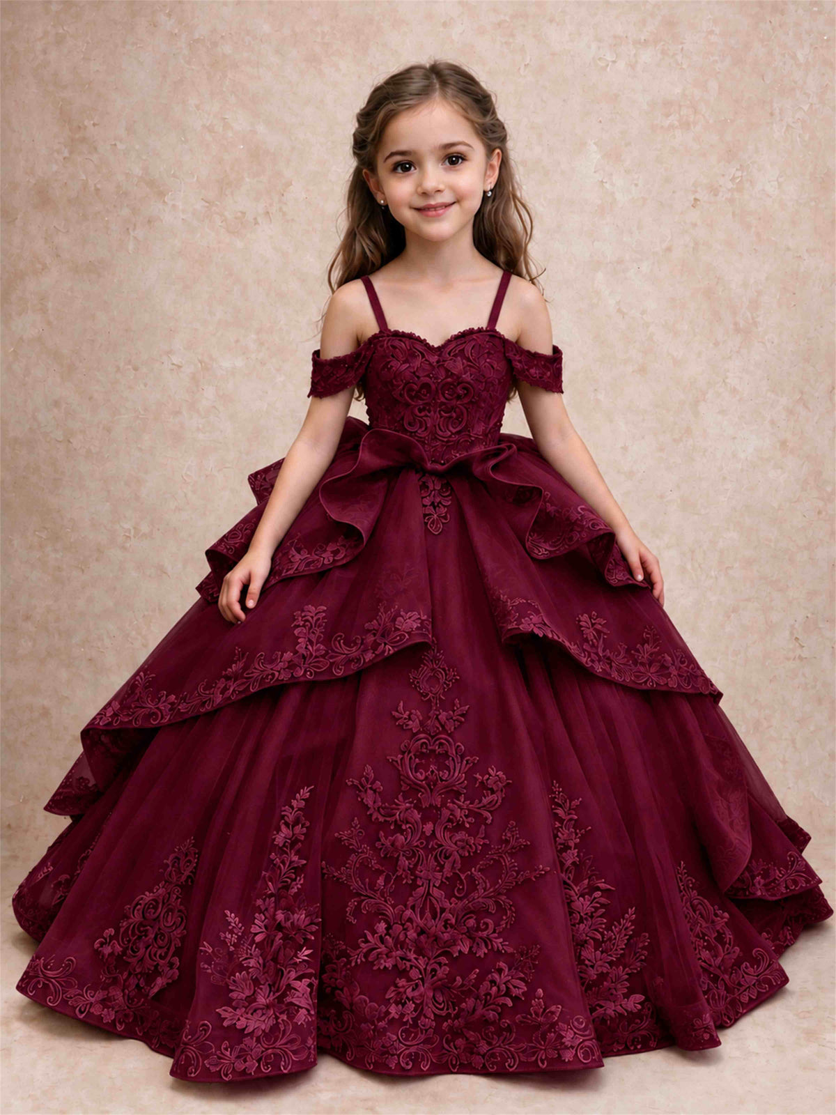 Off Shoulder Girls Pageant Dresses Lace Applique Layered Tulle Princess Ball Gown for Birthday Wedding
