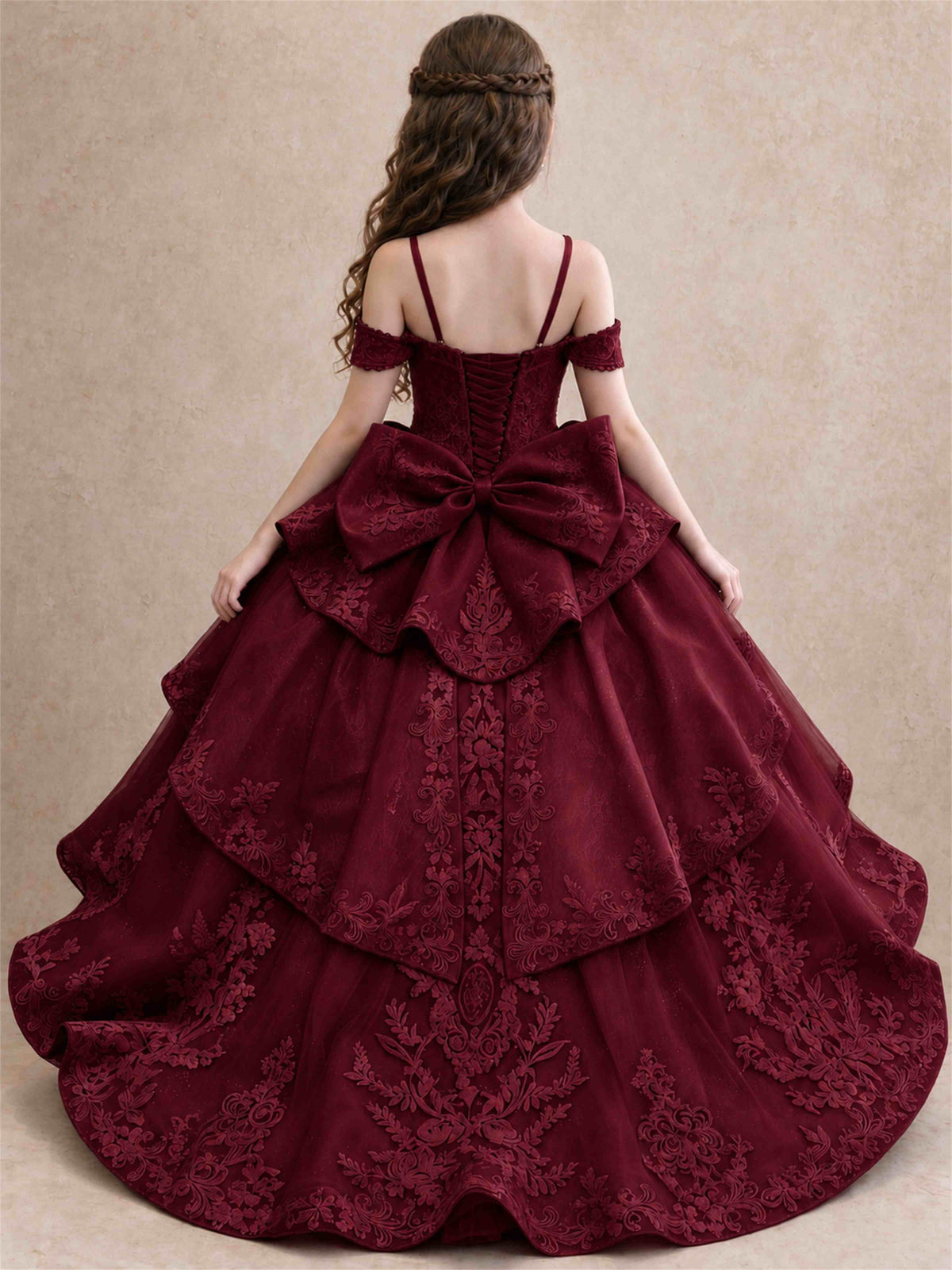 Off Shoulder Girls Pageant Dresses Lace Applique Layered Tulle Princess Ball Gown for Birthday Wedding