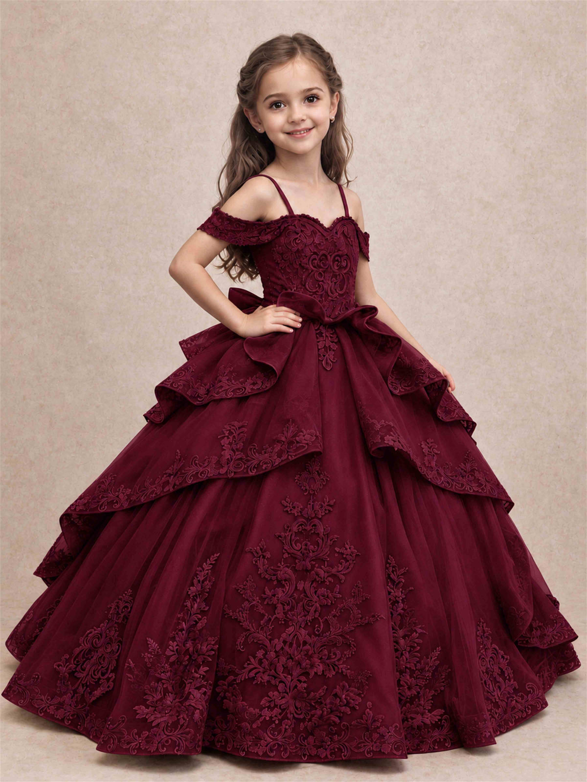 Off Shoulder Girls Pageant Dresses Lace Applique Layered Tulle Princess Ball Gown for Birthday Wedding