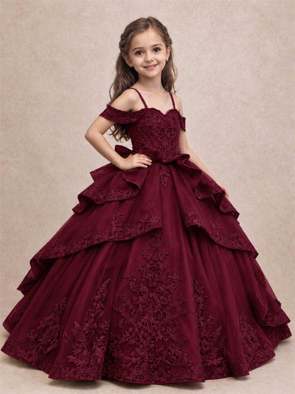 Off Shoulder Girls Pageant Dresses Lace Applique Layered Tulle Princess Ball Gown for Birthday Wedding