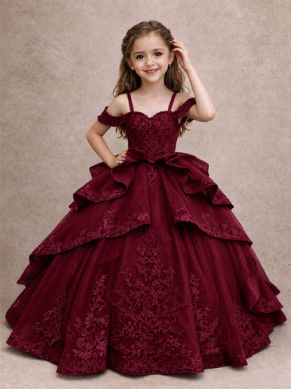 Off Shoulder Girls Pageant Dresses Lace Applique Layered Tulle Princess Ball Gown for Birthday Wedding