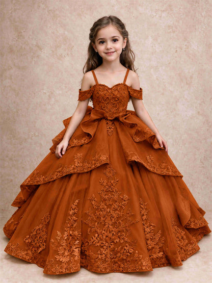 Off Shoulder Girls Pageant Dresses Lace Applique Layered Tulle Princess Ball Gown for Birthday Wedding
