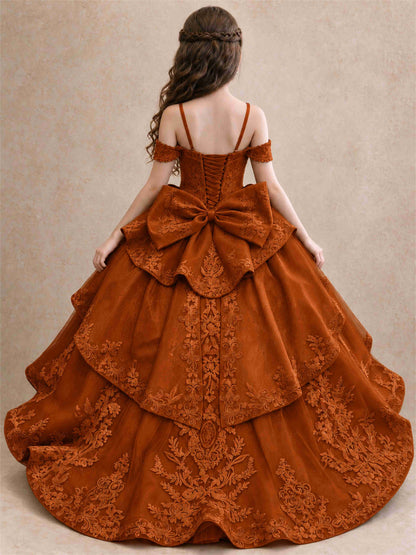 Off Shoulder Girls Pageant Dresses Lace Applique Layered Tulle Princess Ball Gown for Birthday Wedding