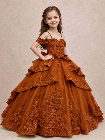 Off Shoulder Girls Pageant Dresses Lace Applique Layered Tulle Princess Ball Gown for Birthday Wedding