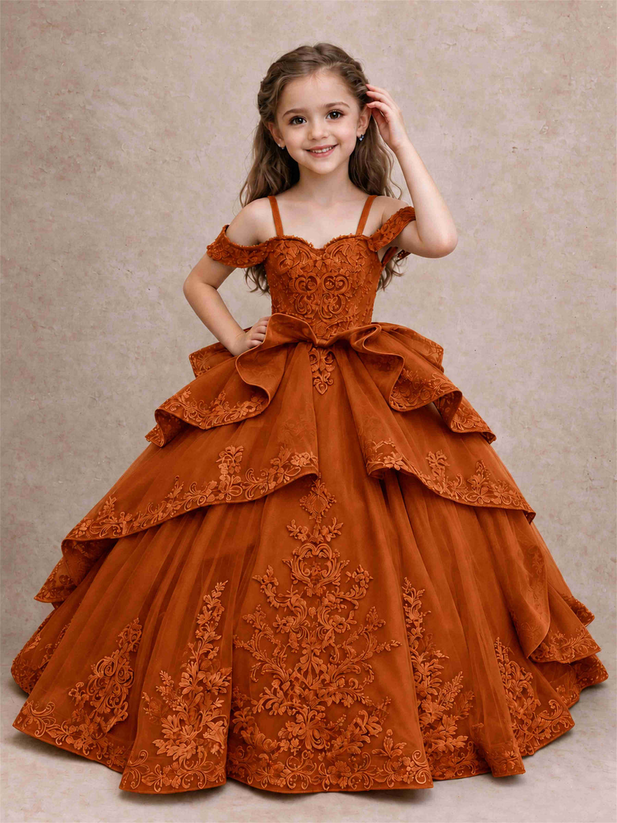 Off Shoulder Girls Pageant Dresses Lace Applique Layered Tulle Princess Ball Gown for Birthday Wedding