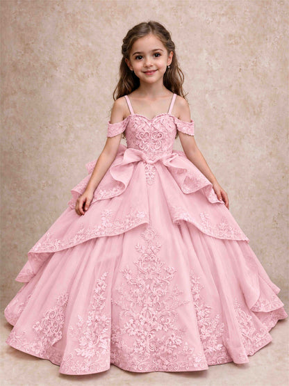 Off Shoulder Girls Pageant Dresses Lace Applique Layered Tulle Princess Ball Gown for Birthday Wedding