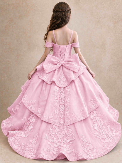 Off Shoulder Girls Pageant Dresses Lace Applique Layered Tulle Princess Ball Gown for Birthday Wedding