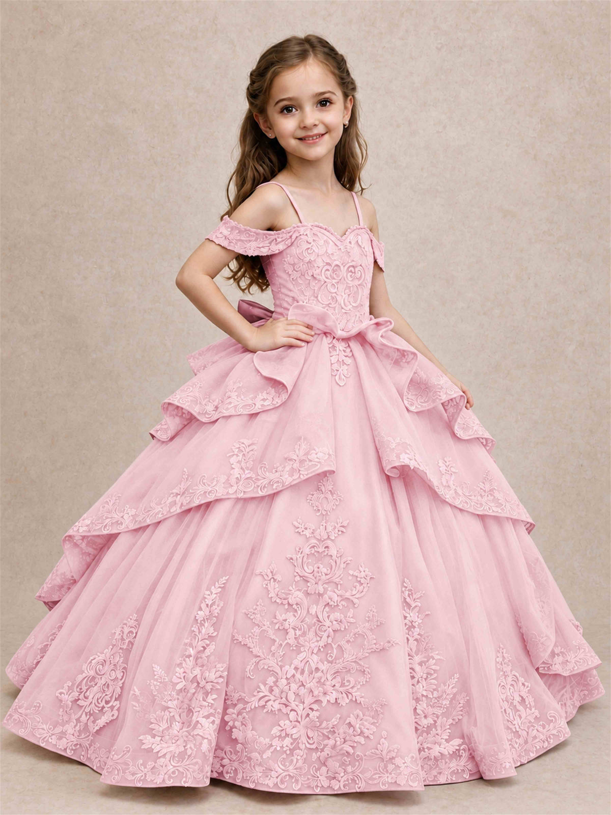 Off Shoulder Girls Pageant Dresses Lace Applique Layered Tulle Princess Ball Gown for Birthday Wedding