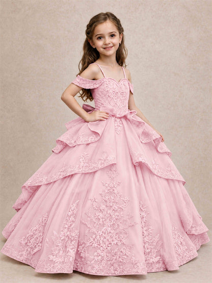 Off Shoulder Girls Pageant Dresses Lace Applique Layered Tulle Princess Ball Gown for Birthday Wedding
