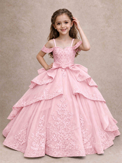 Off Shoulder Girls Pageant Dresses Lace Applique Layered Tulle Princess Ball Gown for Birthday Wedding