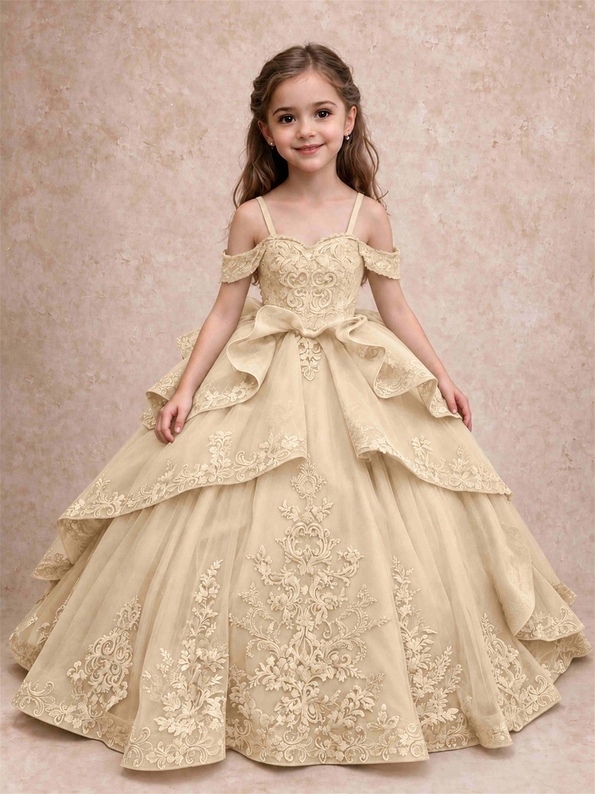 Off Shoulder Girls Pageant Dresses Lace Applique Layered Tulle Princess Ball Gown for Birthday Wedding