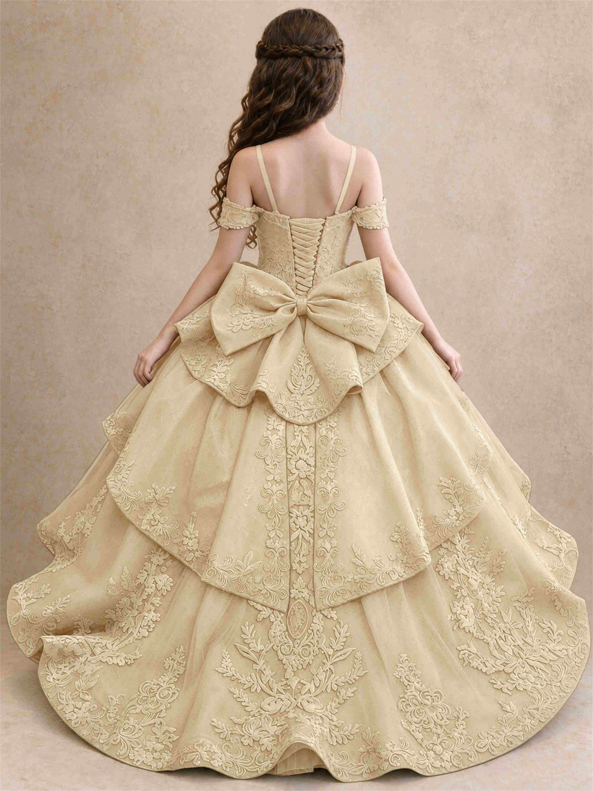 Off Shoulder Girls Pageant Dresses Lace Applique Layered Tulle Princess Ball Gown for Birthday Wedding