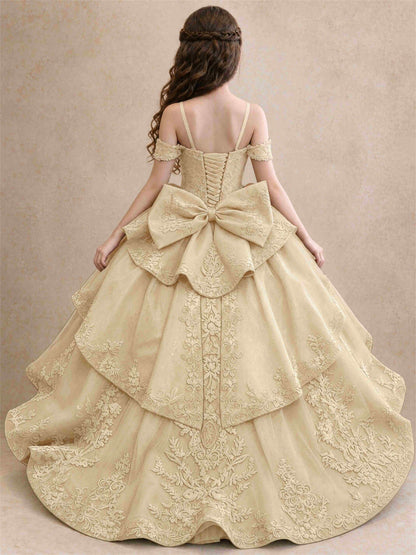 Off Shoulder Girls Pageant Dresses Lace Applique Layered Tulle Princess Ball Gown for Birthday Wedding