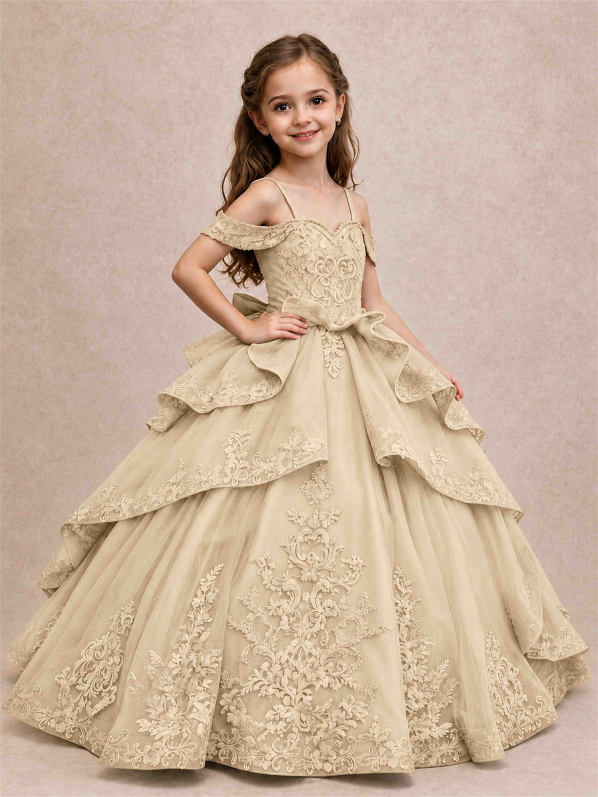 Off Shoulder Girls Pageant Dresses Lace Applique Layered Tulle Princess Ball Gown for Birthday Wedding